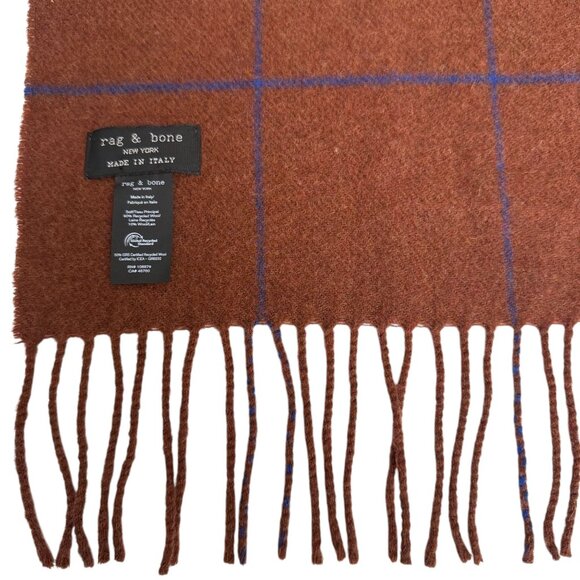 RAG & BONE Wool Scarf Rust Brown Windowpane Check Fringe Muffler Unisex Italy - Picture 3 of 10